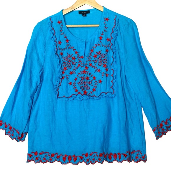 J. Crew Tops - J. Crew Embroidered Linen Tunic Top Womens 2 Aqua Blue Boho Chic Floral Resort